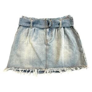 Chelsea & Violet Mid-Rise Belted Raw Hem Mini Blue Denim Skirt Size 29